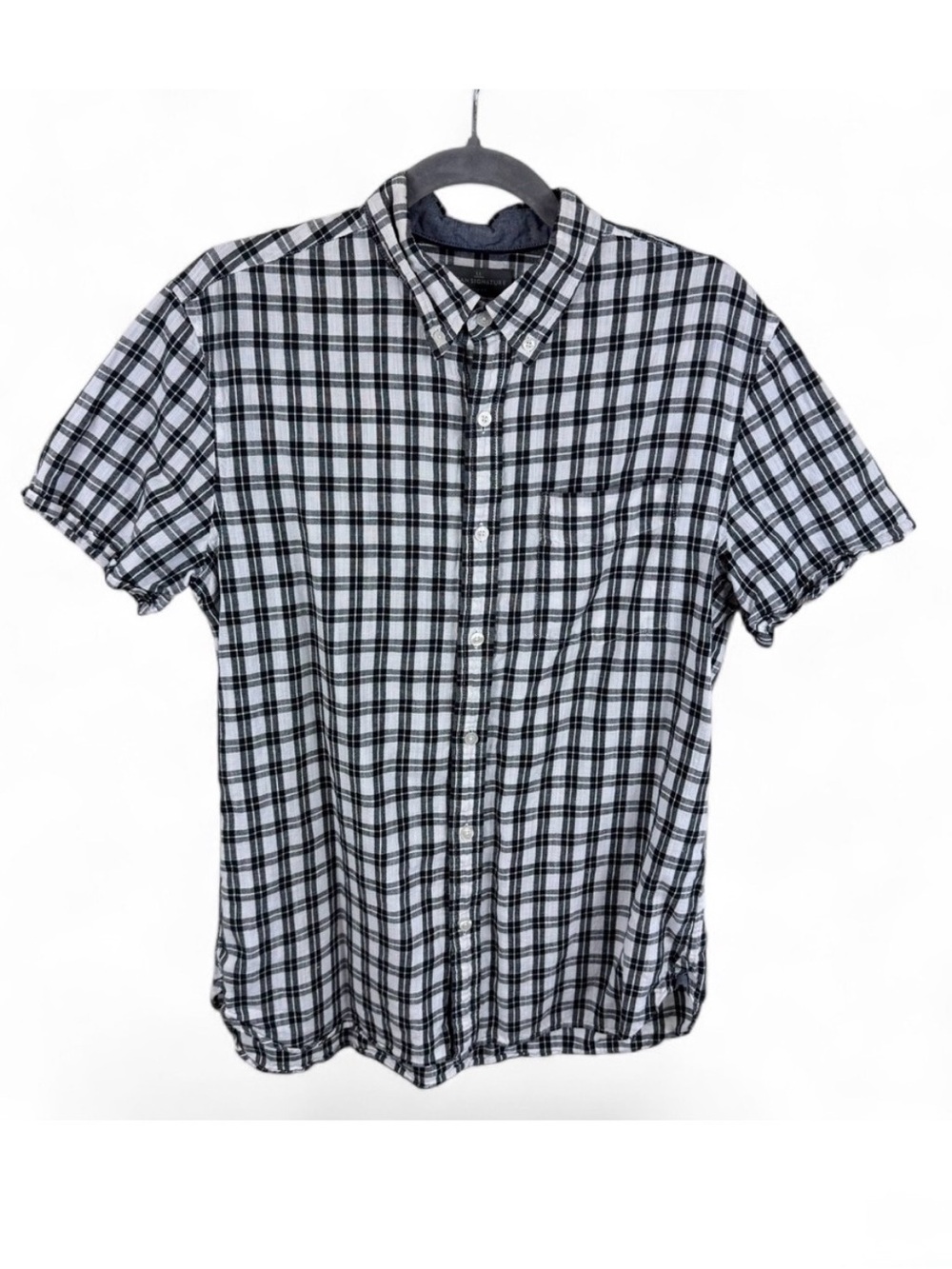 LL Bean Signature Mens Slim Fit Cotton Linen Plaid Short Sleeve Top Black White